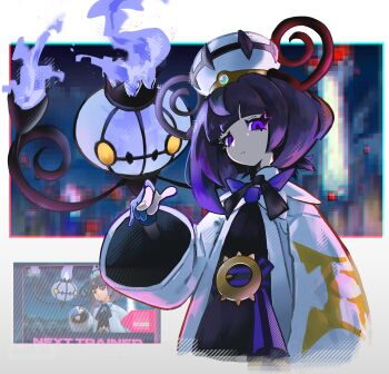 1girl black_dress black_hair blue_fire blue_gloves blunt_bangs blurry blurry_background bob_cut chandelier chandelure closed_mouth coat dress fire game_screenshot_inset gen_5_pokemon gloves gradient_hair gwynn_(pokemon) hat highres long_sleeves looking_at_viewer mega_stone multicolored_hair nintendo open_clothes open_coat partially_fingerless_gloves pokemon pokemon_(creature) pokemon_legends:_z-a purple_eyes purple_hair shakeeeeeeeee short_hair white_coat yellow_eyes