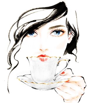 1girl black_eyeliner black_hair blue_eyes commentary_request cup eyeliner eyeshadow highres holding looking_at_viewer makeup mascara original red_lips red_nails simple_background solo sotoko swept_bangs white_background