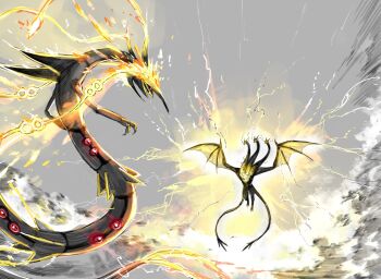claws dragon eastern_dragon electricity electrokinesis energy flying gen_3_pokemon glowing glowing_chest glowing_eyes godzilla:_king_of_the_monsters godzilla_(series) highres king_ghidorah king_ghidorah_(monsterverse) legendary_pokemon lightning mega_pokemon mega_rayquaza monster monsterverse multiple_heads multiple_tails nintendo no_humans open_mouth pokemon pokemon_(creature) rayquaza red_eyes tail trait_connection wings yourfreakyneighbourh