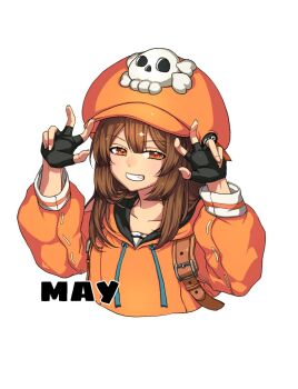Rule 34 | 1girl, black gloves, blush, brown hair, newsboy cap, character name, ebi pri shrimp, fingerless gloves, gloves, guilty gear, guilty gear strive, hat, hat ornament, hood, hoodie, long sleeves, looking at viewer, may (guilty gear), orange eyes, orange headwear, orange hoodie, skull and crossbones, skull hat ornament, smile, upper body