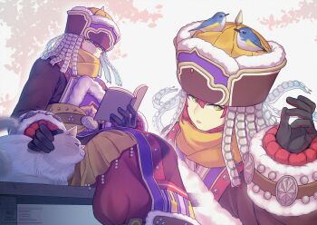 Rule 34 | 1boy, bird, blue bird, book, cat, commentary request, cuilang (rune factory), fur-trimmed headwear, fur trim, green eyes, hair between eyes, highres, holding, holding book, male focus, mmstarrf, mongolian clothes, open book, pants, red hair, red pants, rune factory, rune factory: guardians of azuma, scarf, yellow scarf