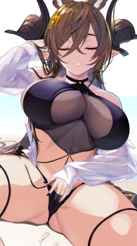 1girl animal_ears bare_shoulders between_legs bikini black_bikini breasts brown_hair closed_eyes extra_ears galleon_(granblue_fantasy) galleon_(summer)_(granblue_fantasy) granblue_fantasy grin hand_between_legs highres horns large_breasts long_hair long_sleeves multicolored_hair nail_polish navel off_shoulder open_clothes p_answer pointy_ears shirt smile solo spread_legs streaked_hair swept_bangs swimsuit white_shirt