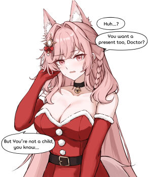 1girl absurdres alternate_costume animal_ear_fluff animal_ears arknights bare_shoulders bell belt belt_buckle black_belt black_choker bow braid breasts buckle choker christmas cleavage commentary crossed_bangs dress elbow_gloves english_commentary english_text fur-trimmed_dress fur-trimmed_gloves fur_trim gloves gongbangmanchi_(daisy_cutter) hair_bow hair_intakes hair_ornament hand_in_own_hair highres jingle_bell large_breasts long_hair looking_at_viewer neck_bell pink_eyes pink_hair pozyomka_(arknights) red_bow red_dress red_gloves santa_costume santa_dress simple_background solo speech_bubble strapless strapless_dress upper_body variant_set white_background