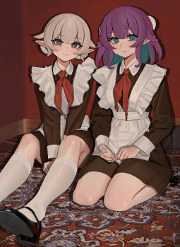 2girls absurdres ankle_socks apron blonde_hair carpet collared_dress double_bun dress green_eyes hair_bun highres kiriyaukiyoe kneeling long_hair looking_at_viewer medium_hair multiple_girls neckerchief original pointy_ears purple_hair red_neckerchief school_uniform shoes sitting skindentation slit_pupils smile socks soviet soviet_school_uniform thighs white_apron white_socks