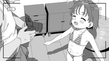 1boy 1girl :d ball barbarian_tk battery_indicator bikini bulge camera closed_eyes collarbone erection erection_under_clothes exercise_ball flat_chest greyscale holding holding_camera indoors loli monochrome narrow_waist navel notice_lines open_mouth original out_of_frame recording short_hair side-tie_bikini_bottom smile solo_focus standing string_bikini striped_bikini striped_clothes swimsuit tank_top viewfinder