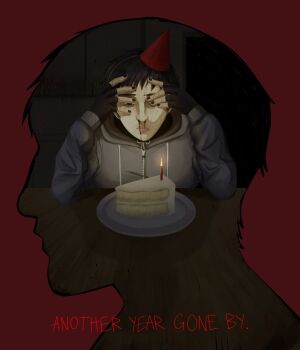 2boys asianchipxtra black_gloves black_hair black_nails blood cake_slicer cry_of_fear dual_persona elbow_rest english_text fingerless_gloves gloves grey_hoodie hand_on_own_face hat highres hood hood_down hoodie male_focus multiple_boys nosebleed party_hat shadow short_hair silhouette simon_henriksson table wooden_table