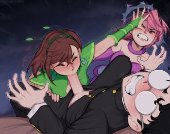 1boy 2girls afrobull alien alien_costume ayase_momo black_hair brown_hair closed_eyes crossed_bangs dandadan earrings fellatio glasses hair_between_eyes halloween_costume hetero highres jewelry kneeling multiple_girls oral penis pink_hair shiratori_aira_(dandadan) short_hair takakura_ken_(dandadan) thighs uncensored