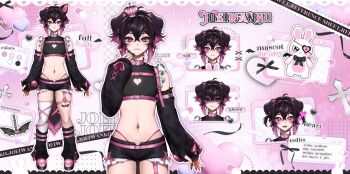 1boy animal_ears bare_shoulders bat_(animal) belt black_arm_warmers black_leg_warmers chain commentary crop_top crown dog_boy dog_ears eyepatch frills full_body garter_straps highres indie_virtual_youtuber joei_(vtuber) leg_warmers midriff multiple_views navel_piercing piercing pink_belt pink_hair rabbit reference_sheet smile syaden teeth trap