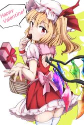 Rule 34 | 1girl, absurdres, back cutout, basket, blonde hair, box, candy, chocolate, chocolate heart, clothing cutout, cowboy shot, crystal wings, flandre scarlet, food, from behind, gift, gift box, hat, heart, highres, looking at viewer, mob cap, pechimaru, pink ribbon, pointy ears, red eyes, red ribbon, ribbon, solo, touhou, valentine