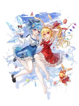 2girls 80isiiii alternate_costume animal_ears bare_shoulders barefoot black_shoes blonde_hair blue_eyes blue_hair blue_skirt blush bow cherry cirno commentary commission crystal_wings detached_wings donut dress fake_animal_ears flandre_scarlet food frilled_dress frilled_skirt frills fruit full_body gelatin hair_bow highres holding holding_ice_cream_cone ice ice_cream ice_cream_cone ice_wings lime_(fruit) lime_slice long_hair multiple_girls open_mouth pointy_ears popsicle rabbit_ears red_bow red_dress red_eyes shirt shoes short_hair side_ponytail skirt sundae toes touhou twitter_username white_shirt wings