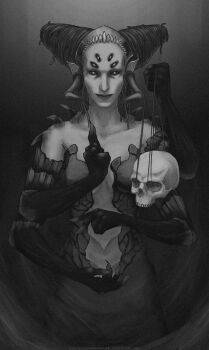 Rule 34 | 1girl, arthropod girl, black dress, black hair, black skin, colored skin, cowboy shot, daedra, dress, enolezdrata, exoskeleton, extra arms, extra eyes, facing viewer, gesture, grey background, greyscale, hair bun, highres, holding, holding skull, holding string, insect girl, looking at viewer, mandibles, mephala, monochrome, mudra, shoulder spikes, skull, smile, spider girl, spikes, standing, string, the elder scrolls, white skin