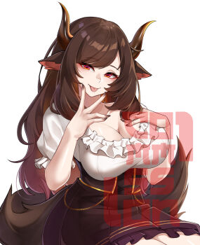 Rule 34 | 1girl, absurdres, animal ears, azuri909, black nails, black skirt, breasts, brown hair, cleavage, commentary, commission, cowboy shot, english commentary, fingernails, hand on own chest, hand up, high-waist skirt, highres, horns, indie virtual youtuber, kabuki koi, large breasts, long hair, looking at viewer, nail polish, parted bangs, red eyes, shirt, short sleeves, simple background, sitting, skirt, smile, solo, swept bangs, tail, tongue, tongue out, vgen commission, virtual youtuber, watermark, white background, white shirt