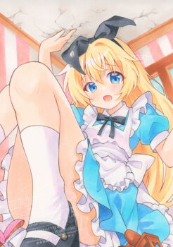 1girl alice&#039;s_adventures_in_wonderland alice_(alice_in_wonderland) apron black_bow black_bowtie black_hairband black_shoes blonde_hair blue_dress blue_eyes bow bowtie chair commentary_request crack dress giant giantess hairband highres long_hair looking_at_viewer marker_(medium) mary_janes puffy_short_sleeves puffy_sleeves shoes short_sleeves socks solo traditional_media twitter_username watermark white_apron white_socks yuiki_(cube)