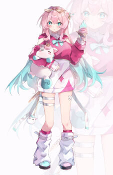 Rule 34 | 1girl, :o, absurdres, alternate costume, alternate hair length, alternate hairstyle, aqua bow, aqua bowtie, aqua eyes, aqua hair, aqua shoes, asymmetrical footwear, bandaid on thigh, bow, bowtie, casual, chain, creature, crown, elphe, eyewear on head, food, full body, gold chain, gradient hair, highres, holding, holding creature, holding food, holding ice cream, honkai: star rail, honkai (series), hood, hood down, hoodie, hyacine (honkai: star rail), ice cream, leg warmers, little ica (honkai: star rail), long hair, looking at viewer, mini crown, miniskirt, mismatched footwear, multicolored hair, parted lips, pink hair, pink hoodie, pink shoes, shoes, simple background, skirt, solo, sunglasses, thigh strap, two-tone hair, very long hair, white background, white leg warmers, white skirt