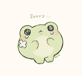 :&lt; animal_focus artist_name ayu_(mog) bandaid closed_mouth commentary english_commentary english_text frog full_body mixed-language_commentary no_humans original romaji_commentary simple_background solid_circle_eyes solo tears white_background