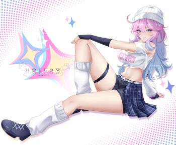 1girl :d artist_name bare_shoulders beanie belt black_gloves black_shorts blue_eyes blue_shoes blue_skirt breasts choker cleavage clothes_writing commentary commission commissioner_upload cowlick crop_top english_commentary eyeshadow facial_mark fingerless_gloves gloves half-skirt hat highres hollow_mimikyu katelyn_(sorenjerr) knee_up large_breasts long_hair looking_at_viewer loose_socks makeup mark_under_both_eyes midriff miniskirt navel off-shoulder_shirt off_shoulder open_mouth original pink_eyeshadow pink_hair purple_choker shirt shoes short_shorts short_sleeves shorts sitting skirt smile socks solo stomach thigh_strap thighs very_long_hair white_background white_belt white_hat white_shirt white_socks