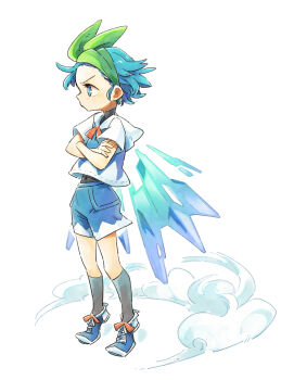 1girl alternate_costume black_socks blue_eyes blue_hair blue_hoodie blue_shoes blue_shorts cirno cloud commentary_request crossed_arms detached_wings from_side full_body green_headband headband highres hood hoodie ice ice_wings light_blush profile red_ribbon ribbon shoes short_hair short_sleeves shorts sneakers socks solo touhou undershirt white_background white_hood wings ziro_(daydozen)
