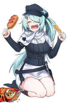 1girl absurdres aqua_hair black_socks blue_archive breasts catch_(tkjv4228) chips_(food) commentary corn_dog crying facing_viewer fingernails food hair_ornament hair_over_one_eye hairclip hat highres hiyori_(blue_archive) holding holding_skewer kneehighs long_hair newsboy_cap no_halo open_mouth sausage side_ponytail simple_background skewer skirt socks solo white_background white_skirt