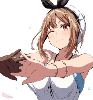 Rule 34 | 1girl, atelier (series), atelier ryza, bare shoulders, belko, breasts, brown eyes, brown hair, closed mouth, collarbone, female focus, gloves, large breasts, looking at viewer, one eye closed, reisalin stout, single glove, solo, white background, wink