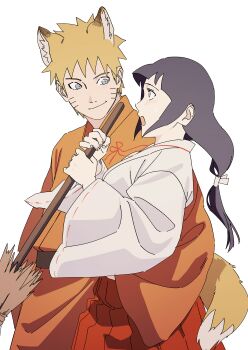 1boy 1girl absurdres animal_ears arm_around_waist black_hair blonde_hair blunt_bangs broom commentary_request facial_mark fox_boy fox_ears fox_tail grey_eyes hakama highres holding holding_broom hyuuga_hinata japanese_clothes kimono kitsutsuki_(kttk_nrhn) long_hair low-tied_long_hair miko naruto_(series) naruto_shippuuden orange_kimono ponytail red_hakama ribbon-trimmed_sleeves ribbon_trim smile tail uzumaki_naruto whisker_markings wide_sleeves