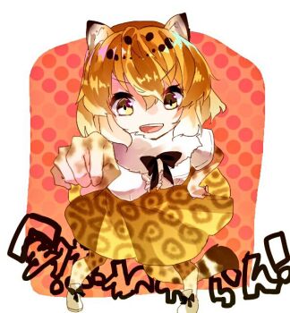 1girl animal_ears black_bow black_bowtie blonde_hair boots bow bowtie cat_ears cat_girl cat_tail commentary_request elbow_gloves from_above full_body fur_collar gloves jaguar_(kemono_friends) kemono_friends looking_at_viewer open_mouth shinjitsu_no_kuchi shirt short_hair short_sleeves skirt smile socks solo spotted_hair tail v-shaped_eyebrows white_background white_boots white_shirt yellow_gloves yellow_skirt yellow_socks