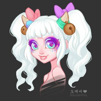 Rule 34 | aqua eyes, bell, bibi (dollightful), blue eyes, blue eyeshadow, bow, breasts, commentary, dollightful, eyelashes, eyeshadow, hair bell, hair bow, hair ornament, heart, heart-shaped pupils, horn bell, horn ornament, horns, jingle bell, lips, makeup, multicolored eyes, original, purple eyes, purple eyeshadow, symbol-shaped pupils, twintails, wavy hair, white hair