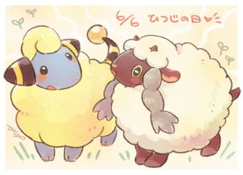 animal_focus artist_name black_eyes blush blush_stickers bright_pupils commentary_request gen_2_pokemon gen_8_pokemon mareep nintendo no_humans open_mouth pokemon pokemon_(creature) sheep standing tansho white_pupils wooloo yellow_eyes