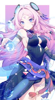 1girl absurdres artezahn bare_shoulders black_leotard blue_eyes blush braid breasts citlali_(genshin_impact) cleavage closed_mouth commentary_request facial_mark floating_headgear forehead_mark genshin_impact hand_up headgear highres leotard long_hair medium_breasts multicolored_hair pink_hair pink_pupils purple_hair skirt solo triangle triangle_facial_mark very_long_hair