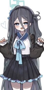 1girl absurdres aris_(blue_archive) black_hair black_hairband black_jacket black_skirt blue_archive blue_bow blue_eyes blue_flower blue_halo blush bow clenched_hands cowboy_shot flower frills hair_between_eyes hair_flower hair_ornament hairband halo hands_up heart highres jacket long_hair long_hair_between_eyes long_sleeves looking_at_viewer one_side_up open_clothes open_jacket open_mouth pleated_skirt puffy_long_sleeves puffy_sleeves saeda8e shirt sidelocks simple_background skirt smile solo very_long_hair white_background white_shirt