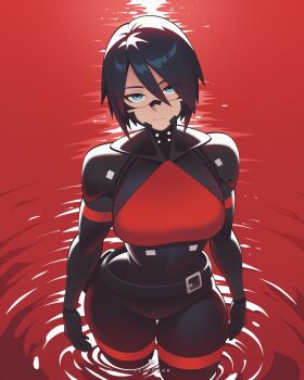 1girl artist_name belt black_gloves black_hair blue_eyes bodysuit breasts buckle closed_mouth commentary elster_(signalis) english_commentary expressionless flipherrrr gloves hair_between_eyes highres looking_at_viewer medium_breasts partially_submerged short_hair signalis skin_tight solo standing