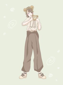 1girl animal_ears animification bear_ears bear_girl brown_eyes brown_hair duffy_and_friends duffy_the_disney_bear full_body humanization looking_at_viewer multiple_boys shirayukinko_lol shirt short_hair short_sleeves smile solo standing stuffed_animal stuffed_toy