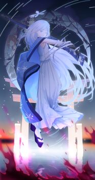 1girl absurdres backlighting bandaged_arm bandages blue_archive blue_haori character_print chinese_commentary colored_eyelashes commentary_request crescent dark_skin fighting_stance floating_hair full_body grey_eyes gun hair_ornament halo haori haori_on_shoulders highres holding holding_gun holding_weapon hyakkaryouran_(blue_archive) japanese_clothes kikyou_(blue_archive) long_hair long_skirt looking_at_viewer midair nagusa_(blue_archive) night outdoors parted_lips pleated_skirt renge_(blue_archive) shirt skirt sleeveless sleeveless_shirt snowflake_hair_ornament snowflake_halo solo standing tabi torii v-shaped_eyebrows very_long_hair water weapon white_eyelashes white_hair white_halo white_shirt white_skirt yukari_(blue_archive) yuxue_(snoain_yyk)