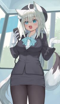 1girl absurdres ahoge animal_ears aqua_bow aqua_eyes black_hat black_jacket black_pantyhose black_skirt blush bow braid breasts collared_shirt commentary_request fox_ears fox_girl gloves hat highres holding hololive jacket kajitsu_no_hito large_breasts long_sleeves looking_at_viewer open_mouth pantyhose pencil_skirt shirakami_fubuki shirt side_braid skirt smile solo tour_guide virtual_youtuber white_gloves white_hair white_shirt