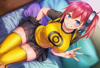 1girl aiba_ami black_shirt black_skirt blue_eyes blush breasts digimon digimon_story digimon_story:_cyber_sleuth goggles goggles_on_head large_breasts okasa_re_taii pleated_skirt red_hair shirt side_ponytail skirt smile thighhighs thighs yellow_shirt yellow_thighhighs