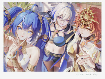 3girls absurdres ahoge armlet armor augusta_(wuthering_waves) bare_shoulders black_pantyhose black_shorts blue_bra blue_eyes blue_hair bra breastplate breasts chigusa7h closed_mouth commentary_request english_text galbrena_(wuthering_waves) gold_bra grey_hair hair_between_eyes hair_intakes hand_up headgear highres iuno_(wuthering_waves) jewelry laurel_crown looking_at_viewer medium_breasts medium_hair multicolored_hair multiple_girls navel orange_hair pantyhose purple_eyes red_eyes shorts smile stomach streaked_hair tacet_mark_(wuthering_waves) twintails underwear v wuthering_waves