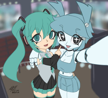 absurdres android aqua_eyes aqua_hair aqua_necktie black_skirt black_sleeves blue_hair blue_skirt blue_tank_top colored_skin detached_sleeves grey_shirt hatsune_miku headset highres humanoid_robot jenny_wakeman joints long_hair metal_skin my_life_as_a_teenage_robot necktie nlhetfield robot robot_girl robot_joints screw shirt skirt tank_top twintails vocaloid white_skin