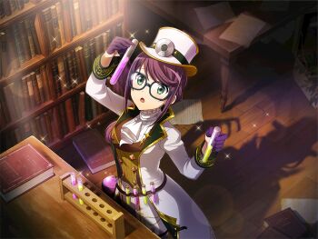 1girl ascot beaker book bookshelf brown_vest coat cosplay different_shadow dr._jekyll_and_mr._hyde game_cg glasses gloves green_eyes half_gloves hands_up hat holding holding_test_tube hoshimi_junna indoors light_rays long_hair long_sleeves official_art paper parted_lips ponytail purple_gloves purple_hair shoujo_kageki_revue_starlight shoujo_kageki_revue_starlight_-re_live- solo standing table test_tube test_tube_holster test_tube_rack upper_body vest waistcoat white_ascot white_coat white_hat