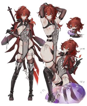 1boy alternate_costume armpits arms_up black_panties closed_mouth commentary_request crossdressing crossdressing_(mtf) detached_sleeves diluc_(genshin_impact) full_body genshin_impact highres holding holding_panties holding_underwear holding_unworn_clothes long_hair male_focus multiple_views nipple_cutout nipples panties red_eyes red_hair revealing_clothes ribs side-tie_panties simple_background skindentation slime_(creature) thighhighs thighs thong underwear unworn_panties white_background zehuij