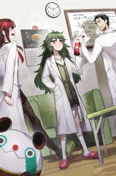 Rule 34 | 1boy, 2girls, absurdres, analog clock, anger vein, angry, beard stubble, black hair, black pantyhose, black shorts, blue eyes, blush, bottle, breast pocket, calendar (object), character name, clenched hand, clock, coat, couch, dated, dr pepper, equation, eyelashes, facial hair, full body, green eyes, green footwear, green hair, hand in pocket, highres, hiyajou maho, holding, holding bottle, holding marker, hyeongang, indoors, lab coat, lightning bolt symbol, long hair, makise kurisu, marker, messy hair, multiple girls, necktie, okabe rintarou, open clothes, open coat, open mouth, pantyhose, pink slippers, pocket, red hair, red necktie, science adventure, shadow, short hair, shorts, slippers, socks, soda, soda bottle, standing, steins;gate, steins;gate 0, stubble, table, upa (steins;gate), wall clock, white coat, white socks, whiteboard, wooden floor, yellow eyes