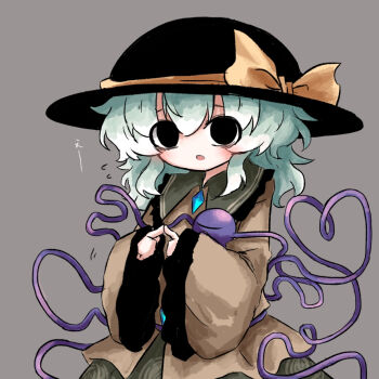 1girl aqua_hair black_eyes black_hat bow buttons diamond_button frilled_shirt_collar frills grey_background hat hat_bow hat_ribbon heart heart_of_string heripantomorrow index_fingers_together komeiji_koishi long_sleeves looking_at_viewer open_mouth ribbon shirt simple_background solo touhou upper_body wide_sleeves yellow_bow yellow_ribbon yellow_shirt