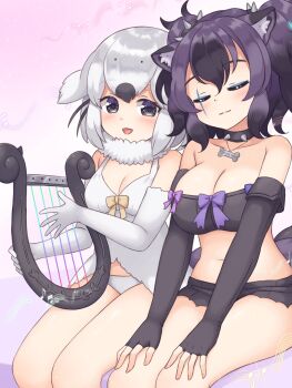 2girls :3 absurdres animal_ears babydoll bare_legs bare_shoulders bikini black_eyes black_gloves black_hair black_shorts blue_eyeshadow blush bone_necklace cerberus_(kemono_friends) closed_eyes collar collarbone commentary_request cutoffs dog_ears dog_girl dog_tail elbow_gloves eyeshadow fingerless_gloves fins fur_collar gloves hair_between_eyes harp harp_seal_(kemono_friends) head_fins highres instrument kemono_friends makeup multicolored_hair multiple_girls purple_hair scar scar_across_eye scar_on_face seal_girl seal_tail shiraha_maru short_hair short_shorts shorts sidelocks sitting sleeveless smile spaghetti_strap spiked_collar spikes strapless swimsuit tail tube_top two-tone_hair white_babydoll white_bikini white_fur white_gloves white_hair