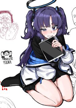 1boy 1girl awkward between_legs black_hair black_halo black_shoes blue_archive blue_eyes blue_halo blush breasts doodle_sensei_(blue_archive) embarrassed hair_ornament half-closed_eye halo hand_between_legs hand_between_thighs highres holding holding_tablet_pc jacket jacket_partially_removed kneeling light_smile long_hair long_sleeves looking_at_viewer mechanical_halo open_mouth purple_eyes purple_hair sensei_(blue_archive) shirt shoes simple_background skirt smile squinting sweat sweatdrop tablet_pc thighs triangle_hair_ornament two-sided_fabric two-sided_jacket two_side_up uneven_eyes white_background white_shirt yeopeu_(yeopeu_) yuuka_(blue_archive)