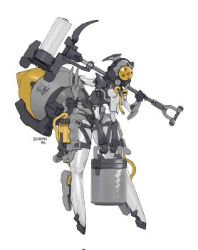 1girl abdomen_tail arthropod_girl bee_girl bucket cable digitigrade extra_arms full_body hand_on_own_hip highres holding holding_bucket holding_polearm holding_weapon huge_weapon insect_girl joints leaning_forward legs_apart liren44 mechanization no_humans original over_shoulder polearm robot robot_joints science_fiction signature simple_background solo standing thigh_strap tube twitter_username weapon weapon_over_shoulder white_background