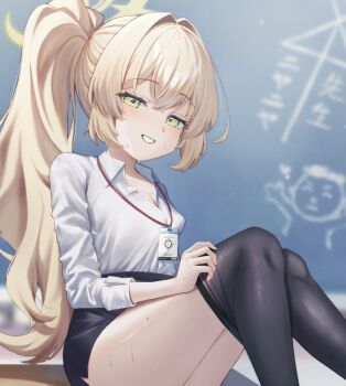 1girl ai_ai_gasa black_pantyhose black_skirt blonde_hair blue_archive blush breasts chalkboard clothes_pull collared_shirt commentary_request crossed_bangs doodle_sensei_(blue_archive) dot_nose green_eyes grin half-closed_eyes halo high_ponytail highres id_card knees_up lanyard loli long_hair long_sleeves looking_at_viewer miniskirt no.054_(adar5857) pantyhose pantyhose_pull parted_lips pencil_skirt ponytail professor_niyaniya_(blue_archive) professor_niyaniya_(teacher)_(blue_archive) pulling_own_clothes sensei_(blue_archive) shirt sitting sitting_on_table skirt sleeves_rolled_up small_breasts smile solo sweat teeth undressing very_long_hair wavy_hair white_shirt yellow_halo
