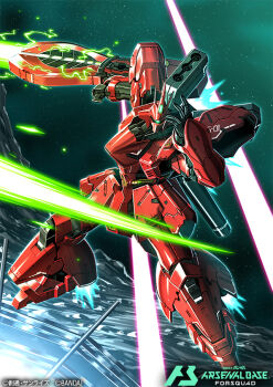 amasaki_yusuke char&#039;s_counterattack english_text full_body glowing glowing_eyes gundam gundam_arsenal_base holding holding_weapon mecha mecha_focus no_humans official_art robot sazabi_(msn-04ff) space weapon