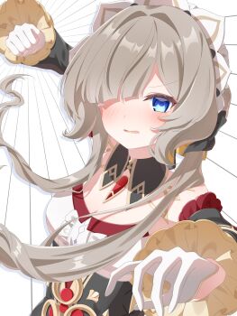 1girl absurdres black_collar blue_eyes blush brown_hair center_frills clenched_hand collar commentary_request detached_collar detached_sleeves dress emphasis_lines frilled_sleeves frills genshin_impact gloves hair_intakes hair_over_one_eye highres incoming_attack incoming_punch kokoaji_(koko_aj1) long_hair long_sleeves looking_at_viewer one_eye_covered open_mouth punching sandrone_(genshin_impact) simple_background solo strapless strapless_dress upper_body white_background white_gloves