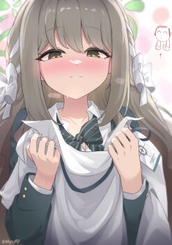 1boy 1girl absurdres arrow_(symbol) artist_name backlighting blazer blue_archive blush bow bowtie braid closed_mouth collarbone collared_shirt commentary diagonal-striped_bow diagonal-striped_bowtie diagonal-striped_clothes doodle_inset doodle_sensei_(blue_archive) english_commentary green_eyes green_halo green_jacket hair_between_eyes hair_bow hair_ribbon halo hands_up highres holding holding_shirt holding_unworn_clothes id_card jacket lanyard long_hair long_sleeves looking_at_object looking_down loose_bowtie miyo_(blue_archive) myuf nose_blush open_clothes open_jacket ribbon ribbon_braid sensei_(blue_archive) shirt sidelocks simple_background smile solo_focus split_mouth striped_bow striped_bowtie striped_clothes sweat twitter_username unworn_shirt upper_body variant_set very_long_hair white_bow white_shirt