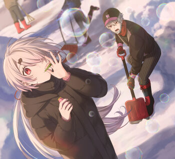 Rule 34 | 1boy, 1girl, annoyed, baseball cap, black boots, black coat, black gloves, black hat, black jacket, black pants, blowing bubbles, boots, bottle, bubble, bubble pipe, closed mouth, coat, dot mouth, dutch angle, fangs, gloves, grey hair, hair ornament, hair over one eye, hairclip, hands up, hat, highres, holding, holding bottle, holding shovel, hood, hood down, hooded coat, jacket, knee boots, kuzuha (nijisanji), long bangs, long hair, long sleeves, looking at another, looking up, low ponytail, mask, mask pull, mouth mask, neck warmer, nijisanji, nijisanji koshien, open mouth, padded coat, pants, pants tucked in, people, pinstripe pants, pinstripe pattern, ponytail, red eyes, shiina yuika, short hair, shovel, shoveling, snow, snow shovel, standing, textless version, v-shaped eyebrows, very long hair, virtual youtuber, white hair, winter, winter clothes, winter coat, zmzm hiji