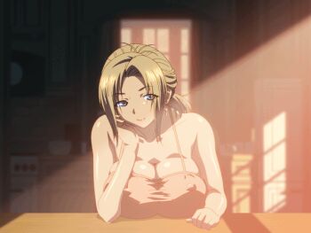 1girl 2010s 2011 age_difference animated animated_gif blonde_hair blue_eyes bouncing bouncing_breasts breasts covered_erect_nipples cross cross_earrings earrings huge_breasts jellyfish_(company) jewelry jiggle kamimura_akiko keisuke_(sisters) kouzaka_kouhei mature_female nipples no_bra older_female_and_younger_male pov sisters_~natsu_no_saigo_no_hi~ stepmother_and_stepson taki_minashika