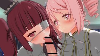 1boy 2girls 3d bar_censor blush brown_eyes brown_hair censored drill_hair eyepatch fellatio gothic_lolita hanazono_yurine hat hetero highres jashin-chan_dropkick licking licking_penis lolita_fashion looking_at_viewer medical_eyepatch mini_hat multiple_girls oral penis pink_eyes pink_hair pino_(jashin-chan_dropkick) pov pov_crotch saliva smile twintails